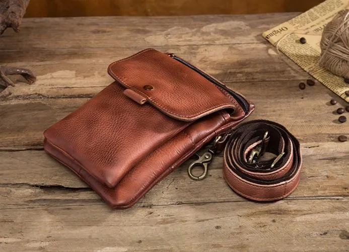 Cool Brown Leather Mens Belt Pouch Mini Shoulder Bag Waist Bag For Men