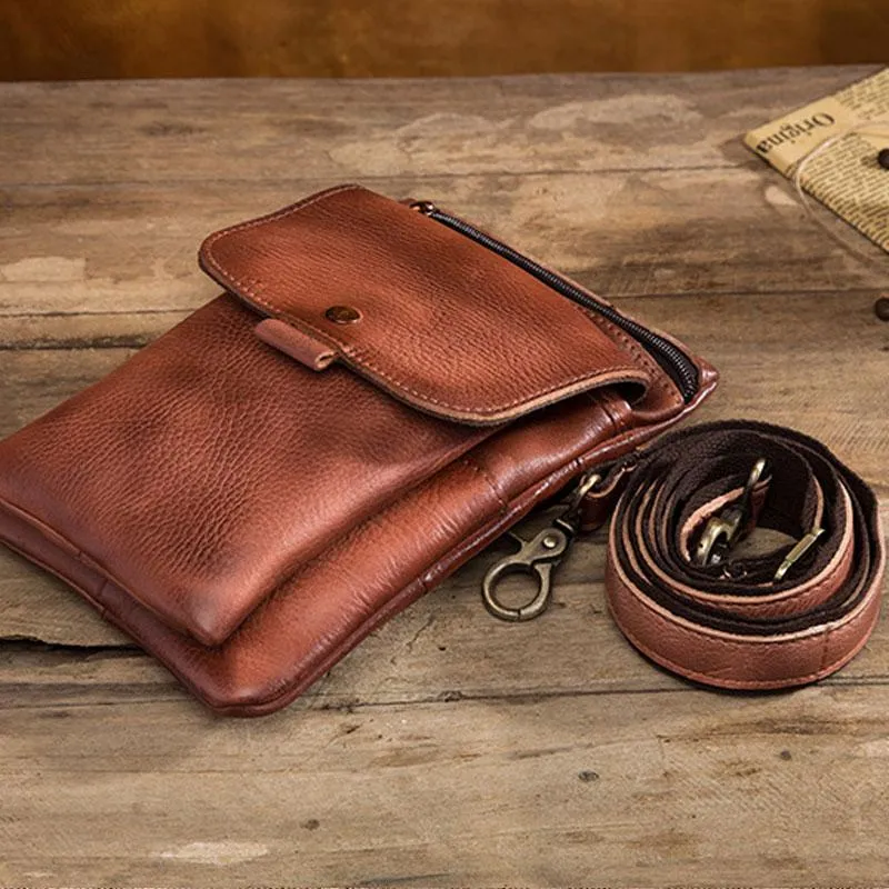 Cool Brown Leather Mens Belt Pouch Mini Shoulder Bag Waist Bag For Men