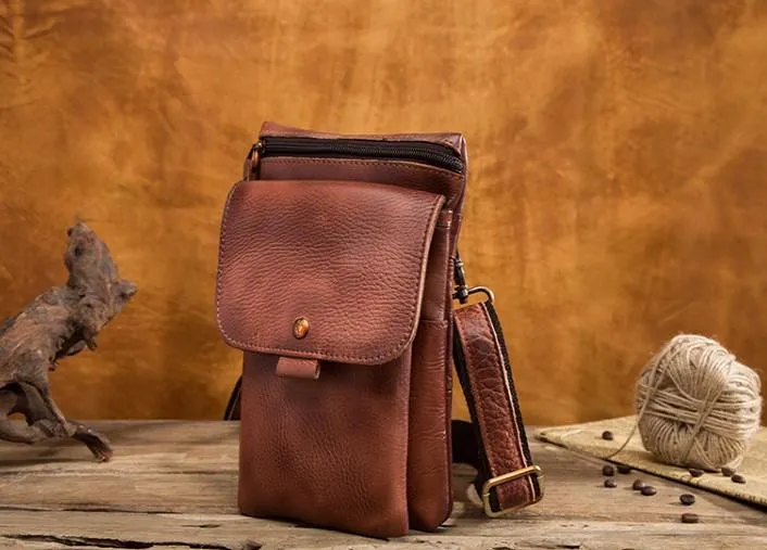 Cool Brown Leather Mens Belt Pouch Mini Shoulder Bag Waist Bag For Men