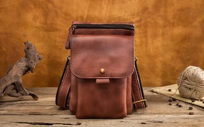 Cool Brown Leather Mens Belt Pouch Mini Shoulder Bag Waist Bag For Men