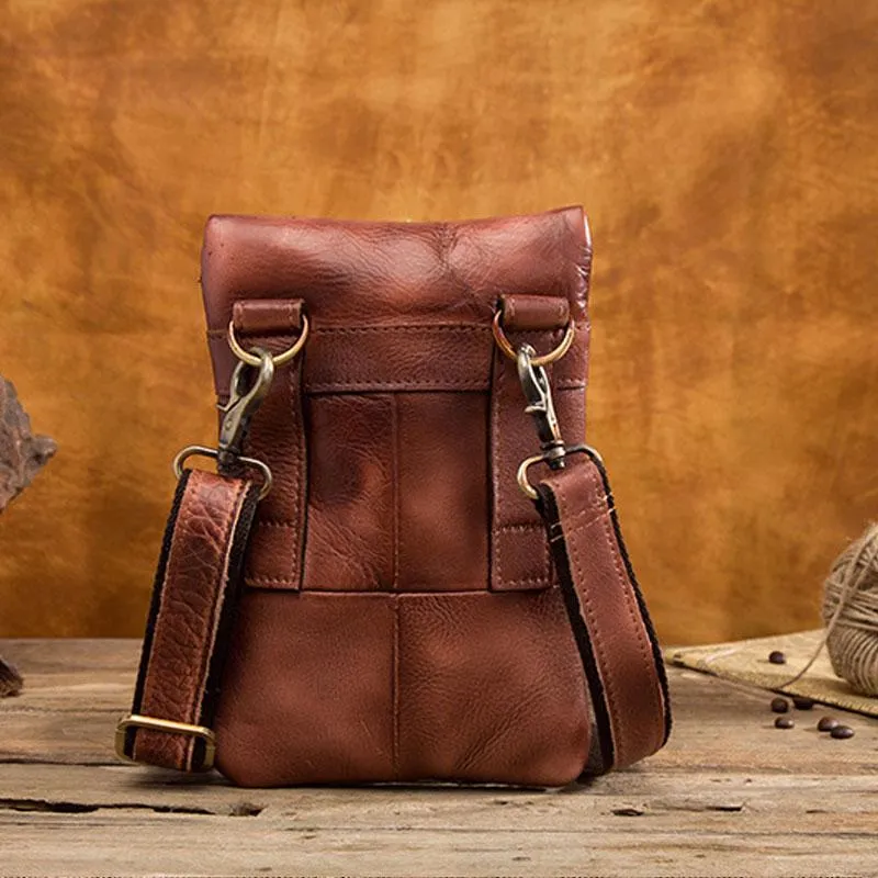 Cool Brown Leather Mens Belt Pouch Mini Shoulder Bag Waist Bag For Men