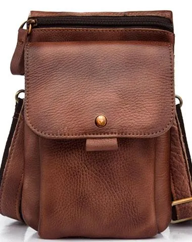 Cool Brown Leather Mens Belt Pouch Mini Shoulder Bag Waist Bag For Men