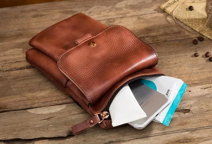 Cool Brown Leather Mens Belt Pouch Mini Shoulder Bag Waist Bag For Men