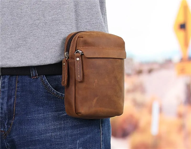 Cool Brown Leather Men's Cell Phone Holster Brown Belt Bag Waist Bag Belt Pouch For Men