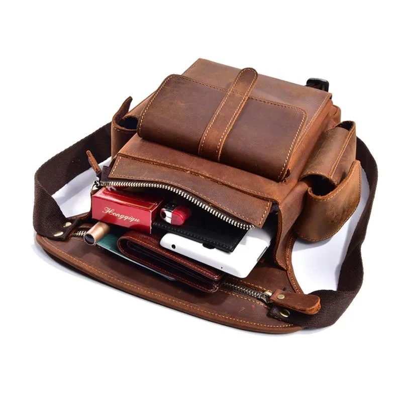 Cool Brown Leather Men's Drop Leg Bag Small Side Bag Belt Pouch Waist Bag For Men