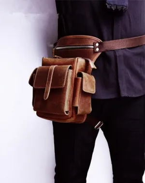 Cool Brown Leather Men's Drop Leg Bag Small Side Bag Belt Pouch Waist Bag For Men Brown