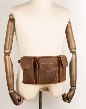 Cool Brown Leather Mens Fanny Pack Tool Waist Bags Hip Pack Belt Bag Bumbags for Men Light Brown