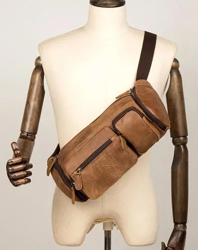 Cool Brown Leather Mens Large Fanny Pack Barrel Waist Bag Chest Bag Hip Pack Bum Pack for men Brown