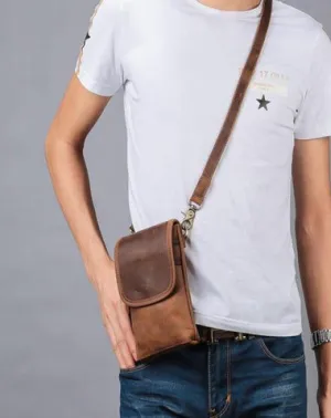 Cool Brown Leather Mens Mini Shoulder Bag Belt Pouch Waist Bag For Men Brown
