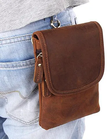 Cool Brown Leather Mens Mini Shoulder Bag Waist Belt Pouch Belt Bags For Men Brown