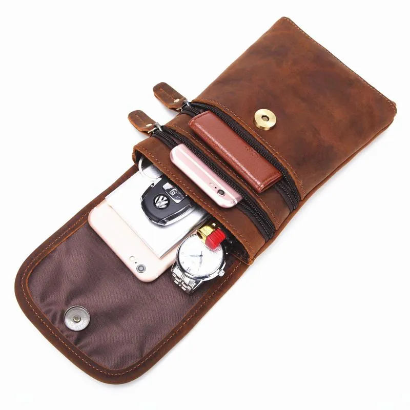 Cool Brown Leather Mens Mini Shoulder Bag Waist Belt Pouch Belt Bags For Men