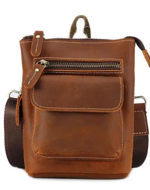Cool Dark Brown Leather Mens Belt Pouch Mini Shoulder Bags Waist Bags For Men Dark Brown