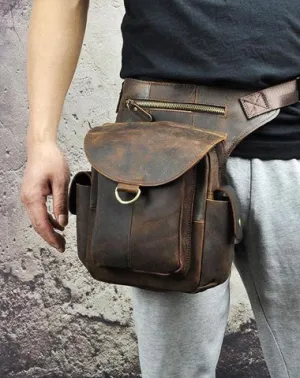 Cool Dark Brown Leather Mens Drop Leg Bag Belt Pouch Waist Bag Small Shoulder Bag For Men Dark Brown