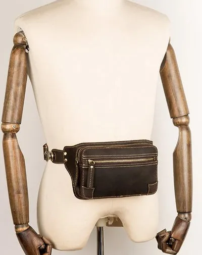 Cool Dark Brown Leather Mens Fanny Pack Waist Bag Hip Pack Belt Bags Bumbags for Men Coffee