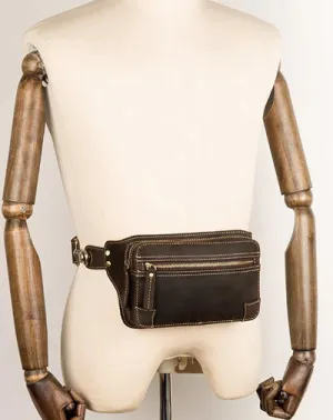 Cool Dark Brown Leather Mens Fanny Pack Waist Bag Hip Pack Belt Bags Bumbags for Men Coffee