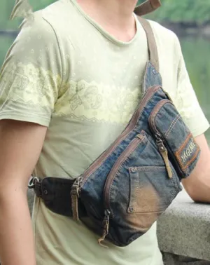Cool Denim Blue Mens Small Fanny Pack Waist Bag Blue Chest Bag Hip Bag Bum Bags For Men Denim Blue