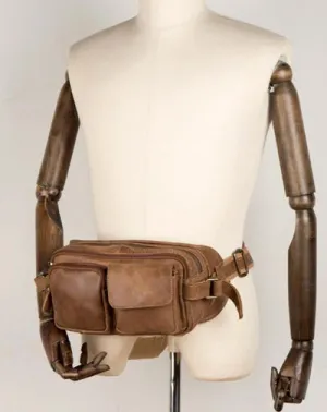 Cool Khaki Mens Leather Fanny Pack Mens Waist Bag Hip Pack Belt Bags Bumbag for Men Khaki