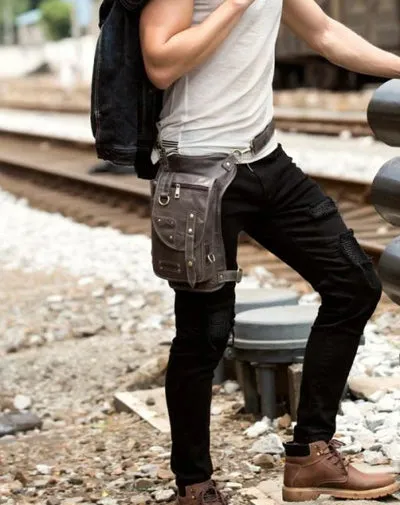 Cool Leather Belt Pouch Mens Fanny Pack Chest Bag One Shoulder Backpack for Men Coffee