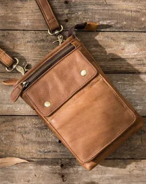 Cool Leather Belt Pouches Mens Waist Bag Shoulder Bag for Men Brown