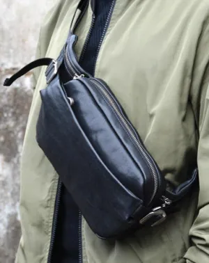 Cool Leather Black Fanny Pack Men's Black Chest Bag Hip Bag Fanny Bag Waist Bag For Men Black
