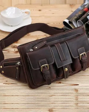 Cool Leather Brown Men's Fanny Pack Chest Bag Vintage Waist Bag Hip Pack For Men Coffee