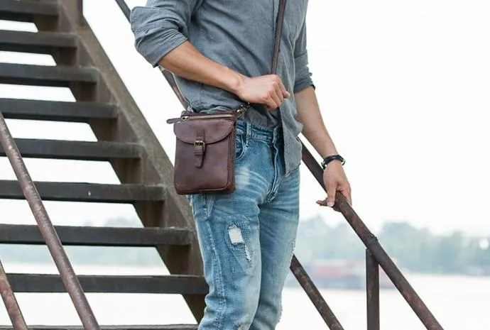 Cool Leather Coffee Belt Pouches Mens Waist Bag Shoulder Bag for Men