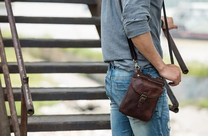Cool Leather Coffee Belt Pouches Mens Waist Bag Shoulder Bag for Men