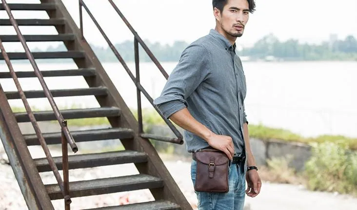 Cool Leather Coffee Belt Pouches Mens Waist Bag Shoulder Bag for Men