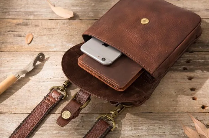 Cool Leather Coffee Belt Pouches Mens Waist Bag Shoulder Bag for Men