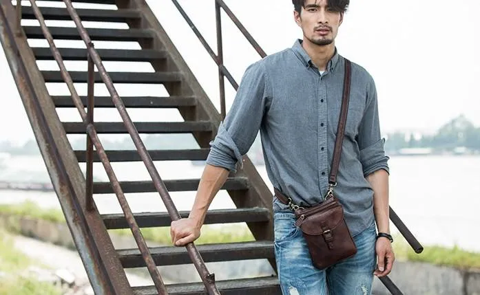 Cool Leather Coffee Belt Pouches Mens Waist Bag Shoulder Bag for Men