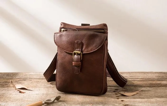 Cool Leather Coffee Belt Pouches Mens Waist Bag Shoulder Bag for Men