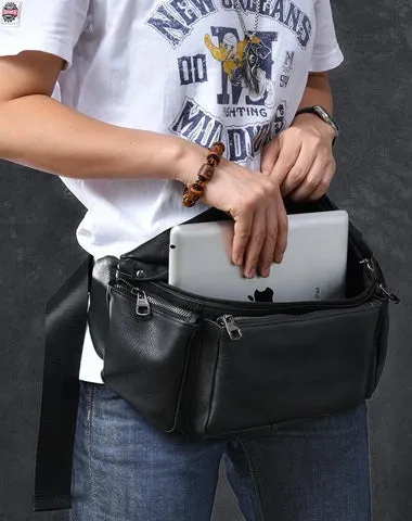 Cool Leather Mens 10" Large Black Fanny Pack Waist Bag Hip Bag for Men Black