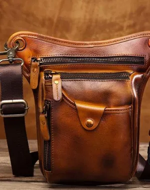 Cool Leather Mens BELT BAG Drop Leg Bag Belt Pouch Waist Bag Shoulder Bags For Men Brown