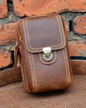 Cool Leather Men's Cell Phone Holster Belt Pouch Belt Bag Waist Bag For Men Brown