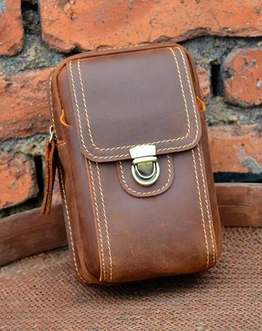 Cool Leather Men's Cell Phone Holster Belt Pouch Belt Bag Waist Bag For Men Brown