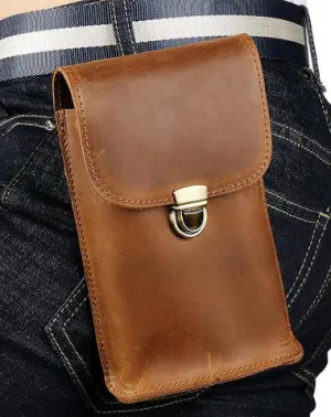 Cool Leather Men's Cell Phone Holsters Belt Pouch Belt Bag Waist Bag For Men Brown