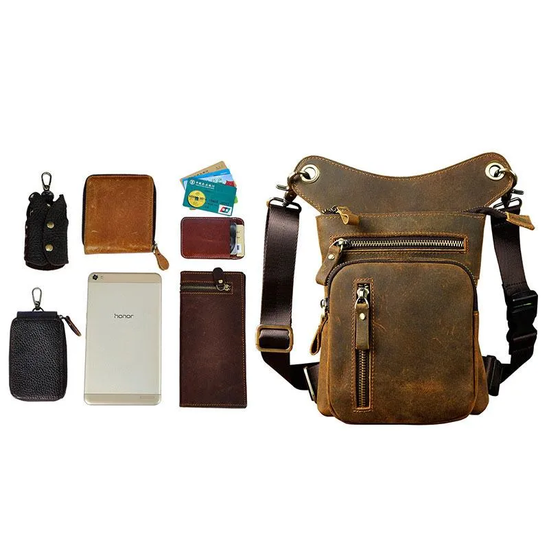 Cool Leather Mens Drop Leg Bag Belt Pouch Waist Bag Shoulder Bag for Men