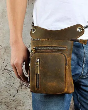 Cool Leather Mens Drop Leg Bag Belt Pouch Waist Bag Shoulder Bag for Men Vintage Brown