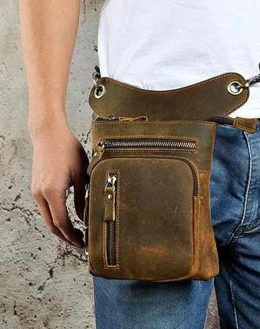Cool Leather Mens Drop Leg Bag Belt Pouch Waist Bag Shoulder Bag for Men Vintage Brown