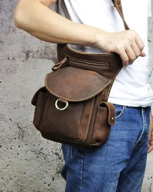 Cool Leather Mens Drop Leg Bag Belt Pouch Waist Bag Shoulder Bag for Men Vintage Brown