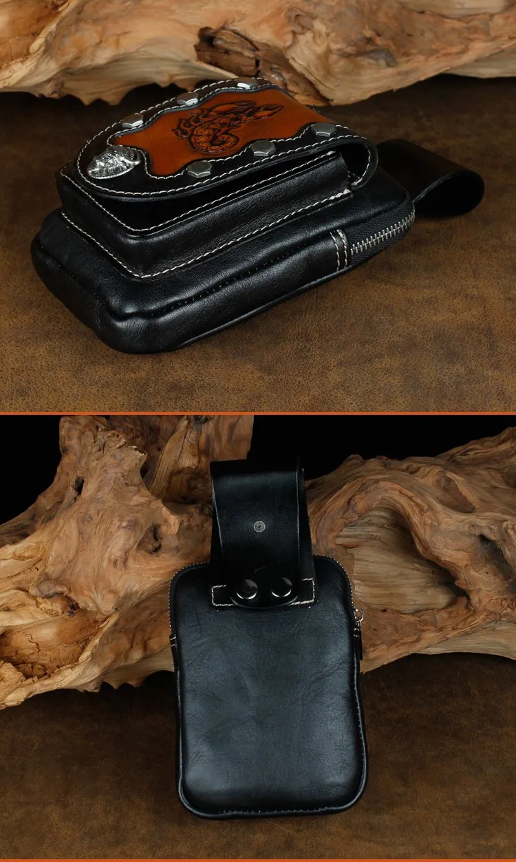Cool Leather Mens Engraved Scorpion Biker Belt Pouch Waist Bag Drop Leg Bag for Men