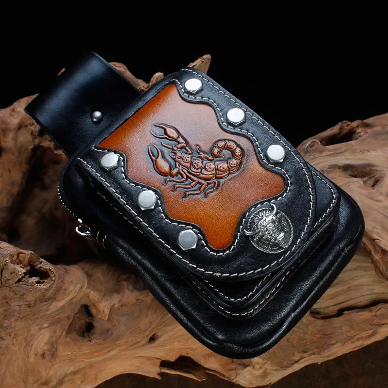 Cool Leather Mens Engraved Scorpion Biker Belt Pouch Waist Bag Drop Leg Bag for Men