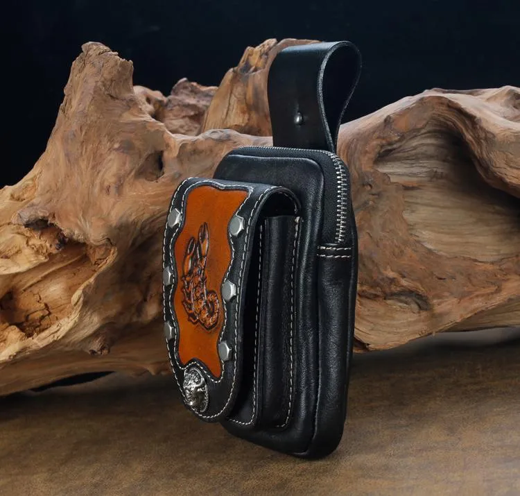 Cool Leather Mens Engraved Scorpion Biker Belt Pouch Waist Bag Drop Leg Bag for Men