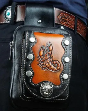 Cool Leather Mens Engraved Scorpion Biker Belt Pouch Waist Bag Drop Leg Bag for Men Black