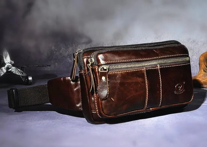 Cool Leather Mens Fanny Pack Waist Bag Hip Pack Belt Bag Bumbag for Men