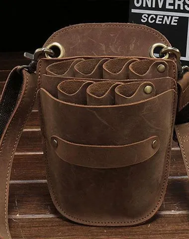 Cool Leather Mens Hairstylist Tool case barber pouch scissors case Belt Pouch Waist Bag Red Brown