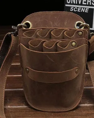 Cool Leather Mens Hairstylist Tool case barber pouch scissors case Belt Pouch Waist Bag Red Brown