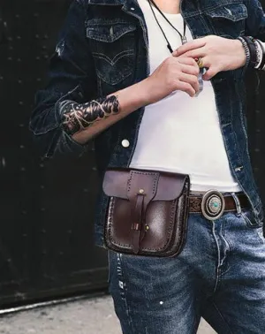 Cool Leather Mens large Biker Belt Pouch Waist Bag Side Bag Shoulder Bag for Men Black