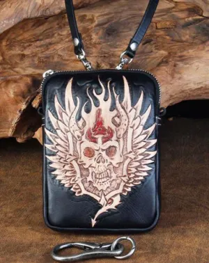 Cool Leather Mens Skull Biker Belt Pouch Waist Bag Side Bag Shoulder Bag for Men Black