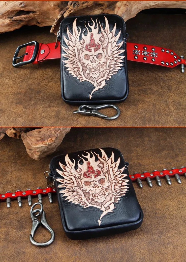 Cool Leather Mens Skull Biker Belt Pouch Waist Bag Side Bag Shoulder Bag for Men
